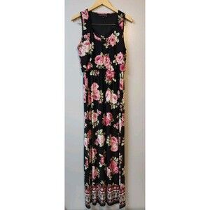 Three Pink Hearts Womens Blouson Maxi Dress Medium Floral Pink Black Sleeveless